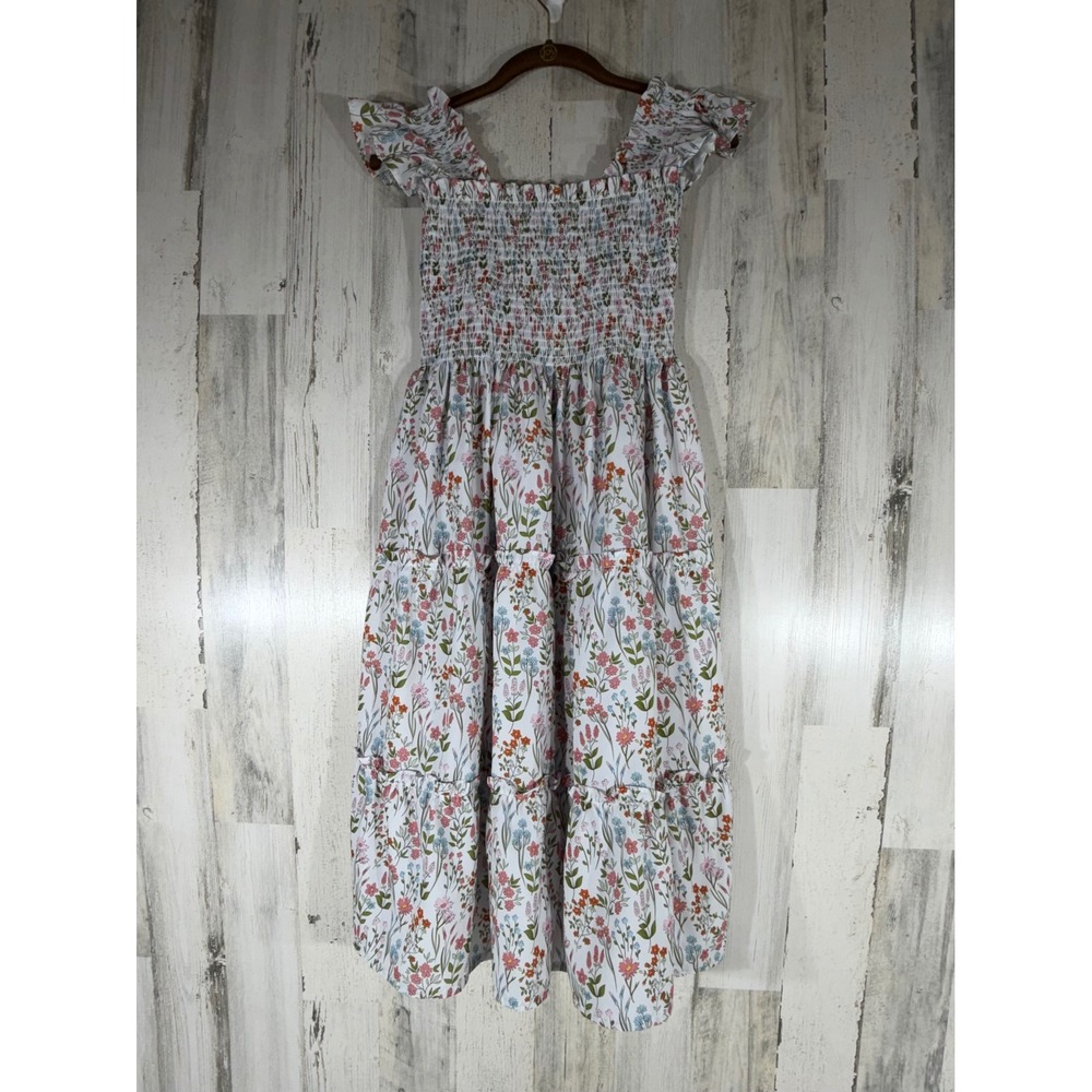Beck & Gray Midi Dress Size Small White Floral Ruffle Sleeve Smocked Tiered